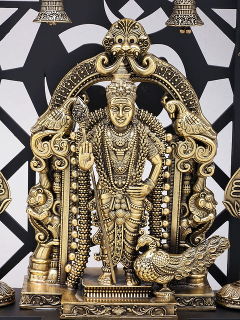 12" Superfine Brass Lord Karttikeya (Murugan) Standing on Kirtimukha Throne with Designer Wood Frame