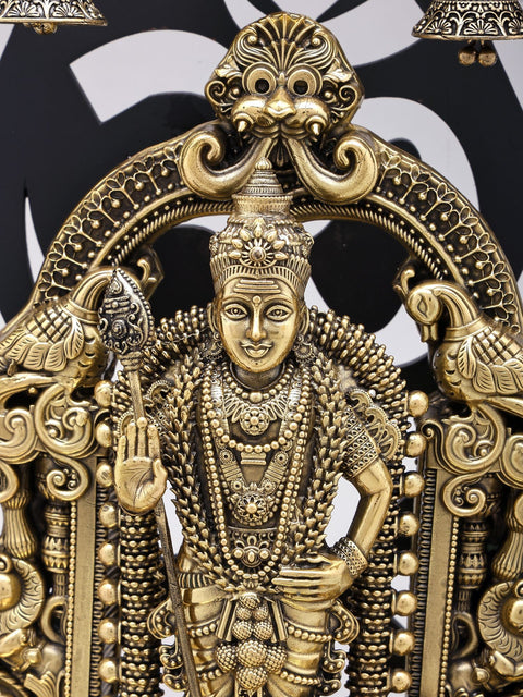 12" Superfine Brass Lord Karttikeya (Murugan) Standing on Kirtimukha Throne with Designer Wood Frame