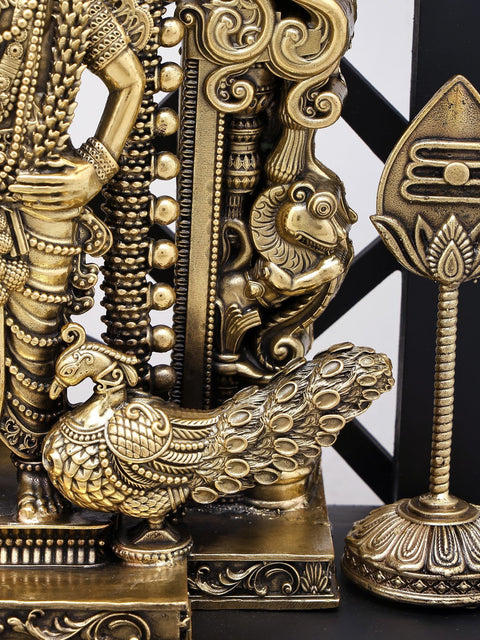 12" Superfine Brass Lord Karttikeya (Murugan) Standing on Kirtimukha Throne with Designer Wood Frame