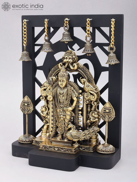 12" Superfine Brass Lord Karttikeya (Murugan) Standing on Kirtimukha Throne with Designer Wood Frame