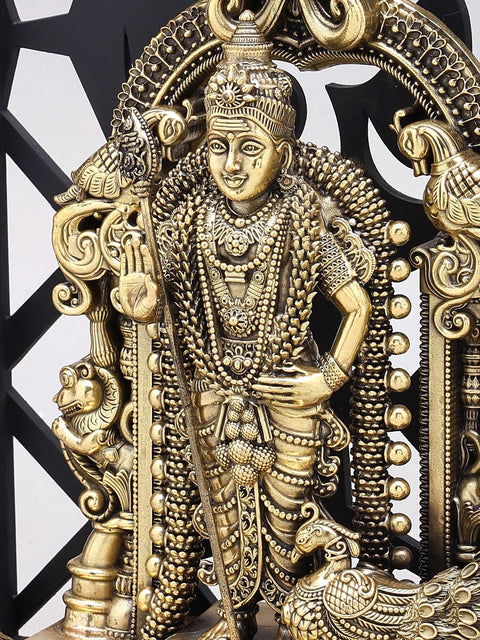 12" Superfine Brass Lord Karttikeya (Murugan) Standing on Kirtimukha Throne with Designer Wood Frame