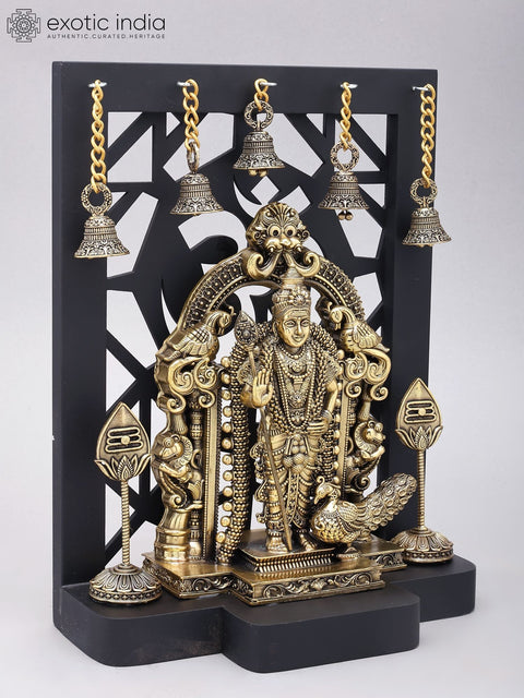 12" Superfine Brass Lord Karttikeya (Murugan) Standing on Kirtimukha Throne with Designer Wood Frame