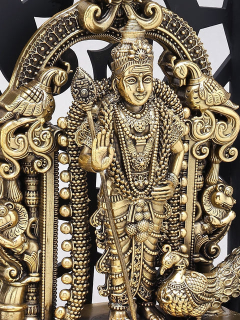 12" Superfine Brass Lord Karttikeya (Murugan) Standing on Kirtimukha Throne with Designer Wood Frame