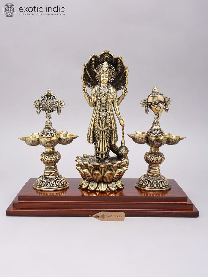 13" Handmade Brass Standing Lord Vishnu Statue with Lotus and Lamps