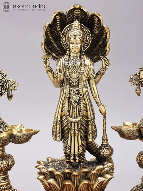 13" Superfine Standing Lord Vishnu on Lotus with Shankha Chakra Lamps | Brass Statue on Wood Base