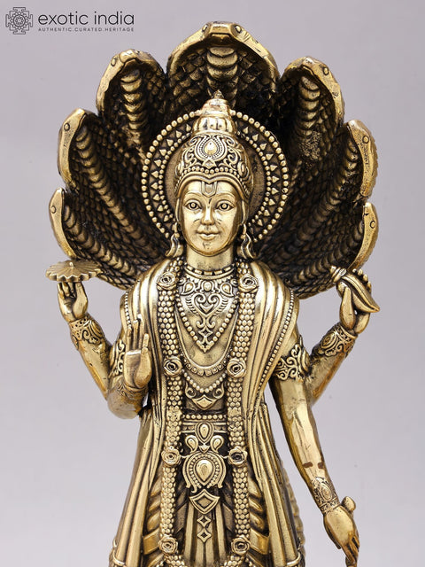 13" Superfine Standing Lord Vishnu on Lotus with Shankha Chakra Lamps | Brass Statue on Wood Base