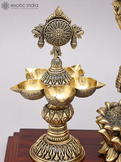 13" Superfine Standing Lord Vishnu on Lotus with Shankha Chakra Lamps | Brass Statue on Wood Base