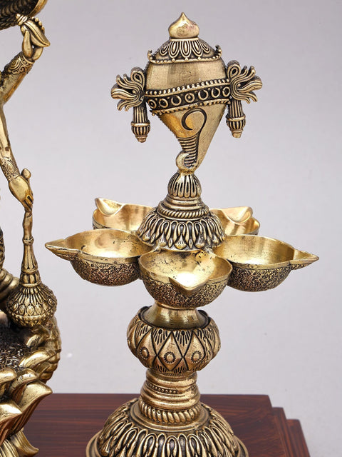 13" Superfine Standing Lord Vishnu on Lotus with Shankha Chakra Lamps | Brass Statue on Wood Base