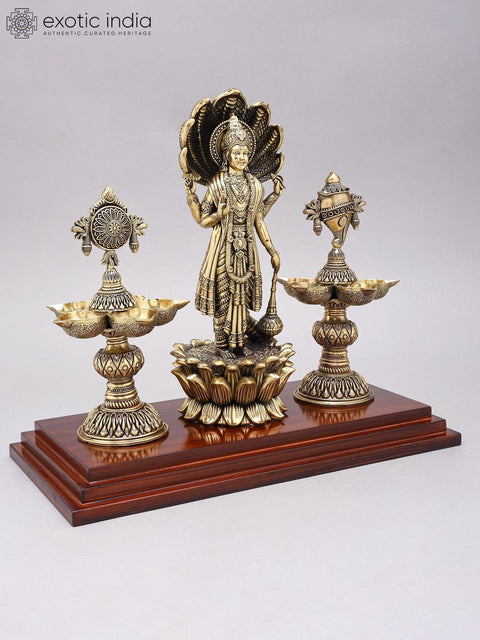13" Superfine Standing Lord Vishnu on Lotus with Shankha Chakra Lamps | Brass Statue on Wood Base