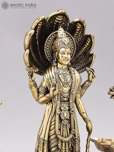 13" Superfine Standing Lord Vishnu on Lotus with Shankha Chakra Lamps | Brass Statue on Wood Base