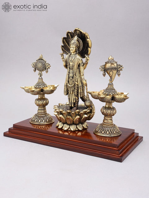 13" Superfine Standing Lord Vishnu on Lotus with Shankha Chakra Lamps | Brass Statue on Wood Base