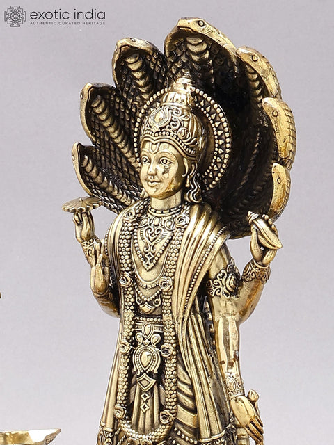 13" Superfine Standing Lord Vishnu on Lotus with Shankha Chakra Lamps | Brass Statue on Wood Base