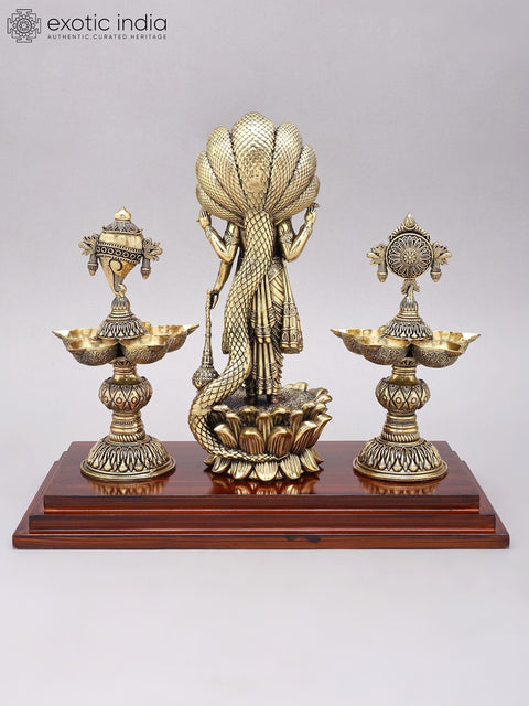 13" Superfine Standing Lord Vishnu on Lotus with Shankha Chakra Lamps | Brass Statue on Wood Base