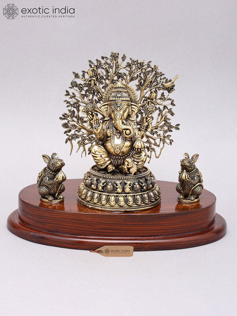 7" Superfine Blessing Lord Ganesha with Tree as Backdrop | Brass Idol on Wood Base