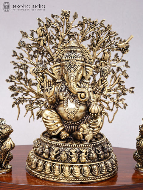 7" Superfine Blessing Lord Ganesha with Tree as Backdrop | Brass Idol on Wood Base