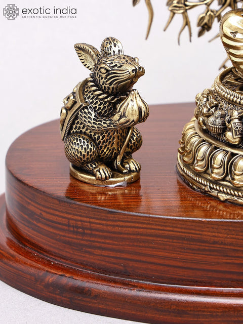 7" Superfine Blessing Lord Ganesha with Tree as Backdrop | Brass Idol on Wood Base