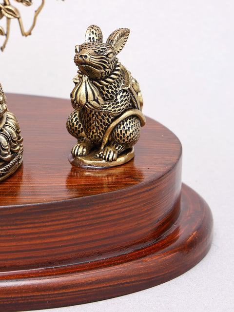 7" Superfine Blessing Lord Ganesha with Tree as Backdrop | Brass Idol on Wood Base