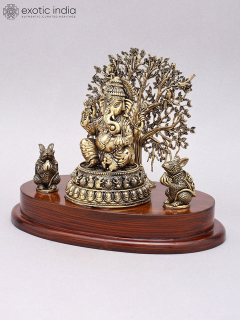 7" Superfine Blessing Lord Ganesha with Tree as Backdrop | Brass Idol on Wood Base