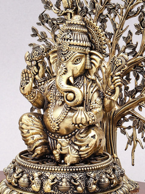 7" Superfine Blessing Lord Ganesha with Tree as Backdrop | Brass Idol on Wood Base