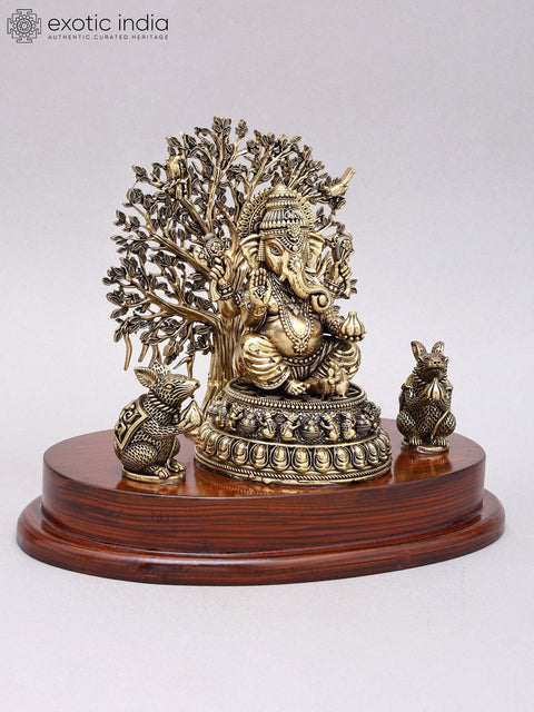 7" Superfine Blessing Lord Ganesha with Tree as Backdrop | Brass Idol on Wood Base