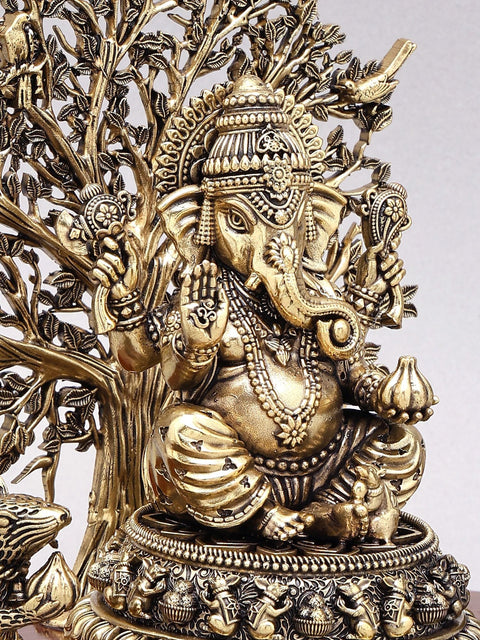 7" Superfine Blessing Lord Ganesha with Tree as Backdrop | Brass Idol on Wood Base