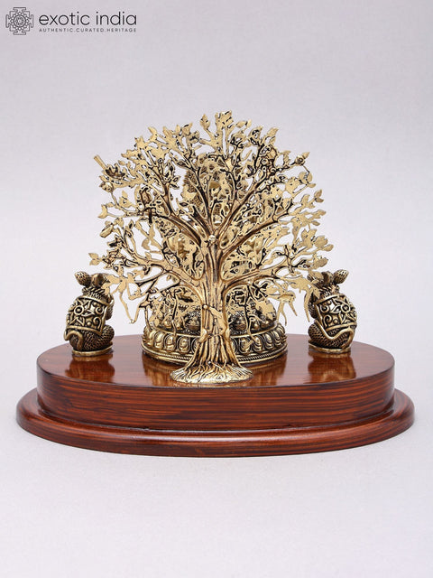 7" Superfine Blessing Lord Ganesha with Tree as Backdrop | Brass Idol on Wood Base