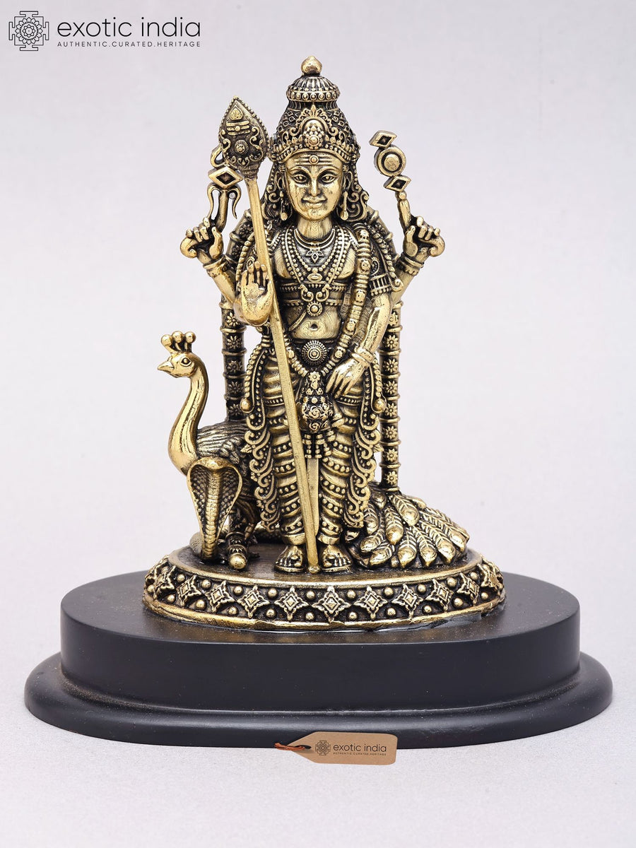 7" Superfine Lord Murugan Brass Statue with Wood Base for Pooja