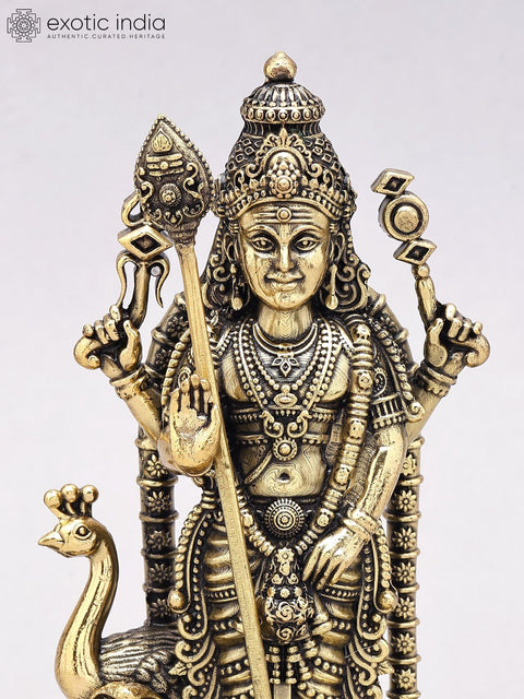 7" Superfine Lord Karttikeya (Murugan) Statue in Brass on Wood Base
