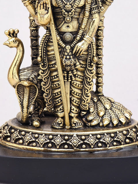 7" Superfine Lord Karttikeya (Murugan) Statue in Brass on Wood Base