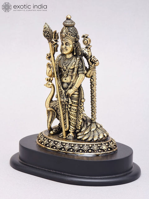 7" Superfine Lord Karttikeya (Murugan) Statue in Brass on Wood Base