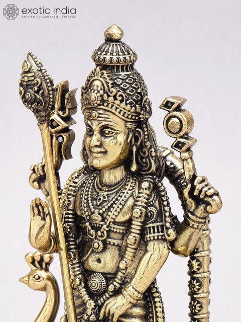 7" Superfine Lord Karttikeya (Murugan) Statue in Brass on Wood Base