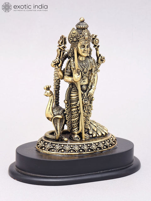 7" Superfine Lord Karttikeya (Murugan) Statue in Brass on Wood Base