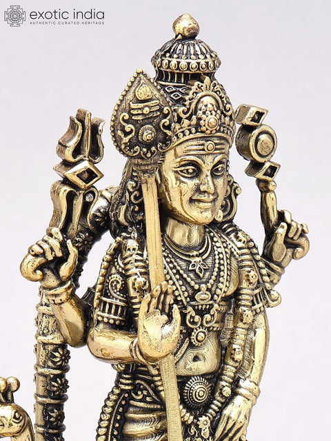 7" Superfine Lord Karttikeya (Murugan) Statue in Brass on Wood Base