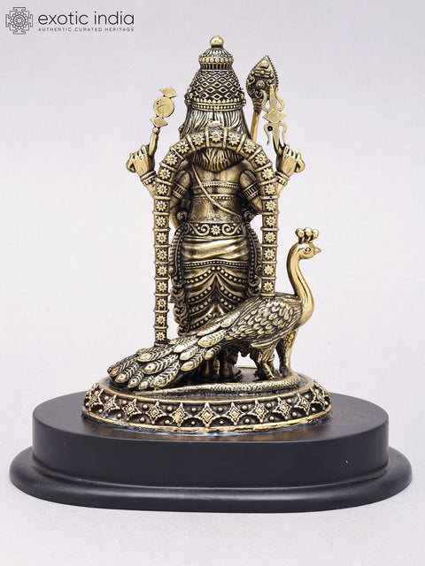 7" Superfine Lord Karttikeya (Murugan) Statue in Brass on Wood Base