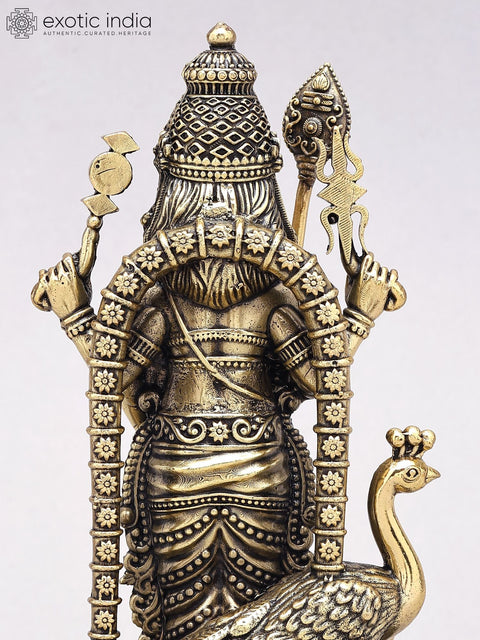 7" Superfine Lord Karttikeya (Murugan) Statue in Brass on Wood Base