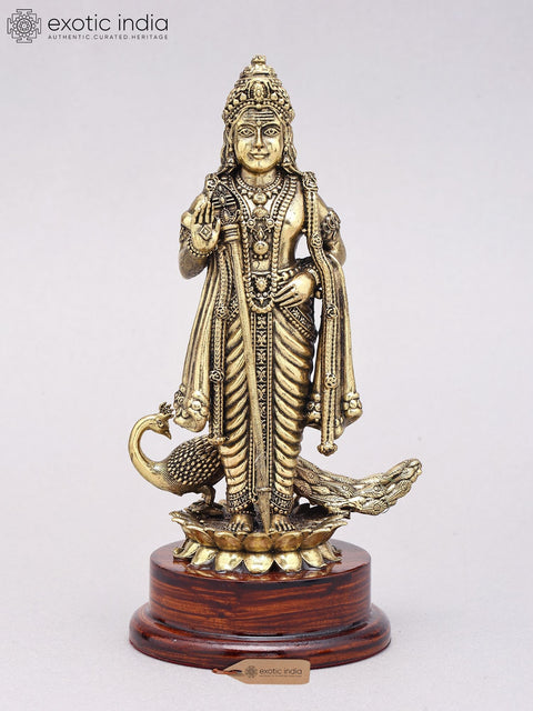 7" Superfine Brass Karttikeya (Murugan) Statue on Wood Base