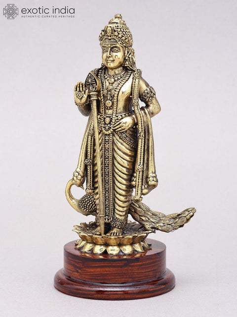 7" Superfine Brass Karttikeya (Murugan) Statue on Wood Base