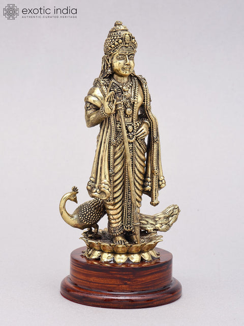 7" Superfine Brass Karttikeya (Murugan) Statue on Wood Base
