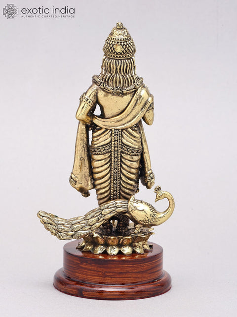 7" Superfine Brass Karttikeya (Murugan) Statue on Wood Base