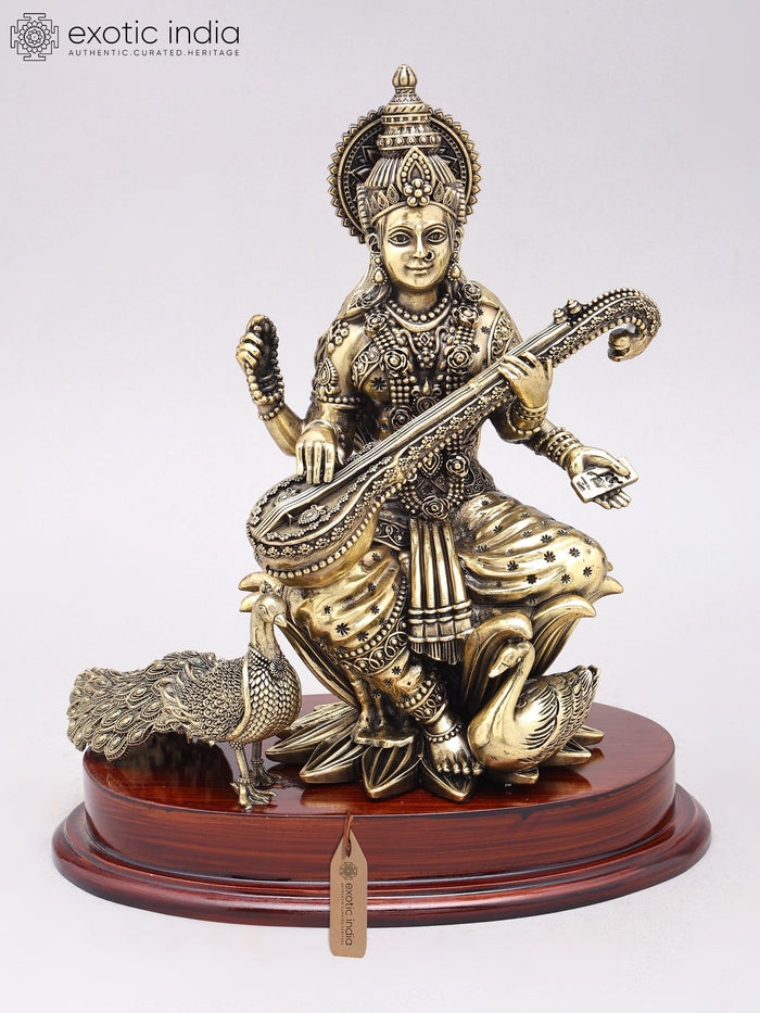 12" Superfine Goddess Saraswati Statue in Brass on Wood Base