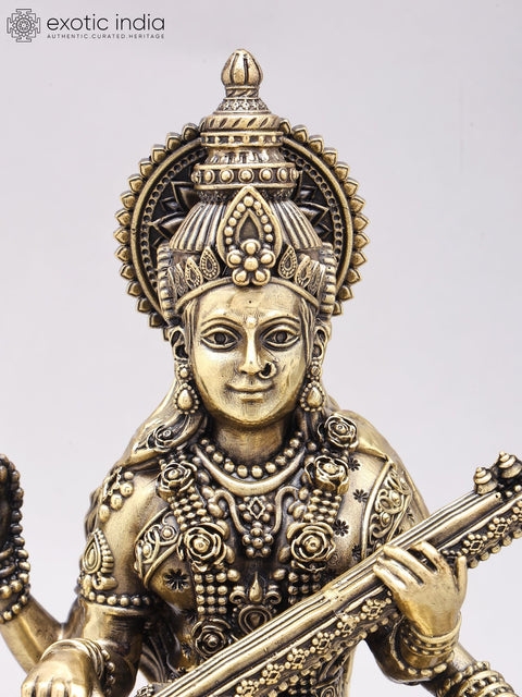 12" Superfine Goddess Saraswati Statue in Brass on Wood Base
