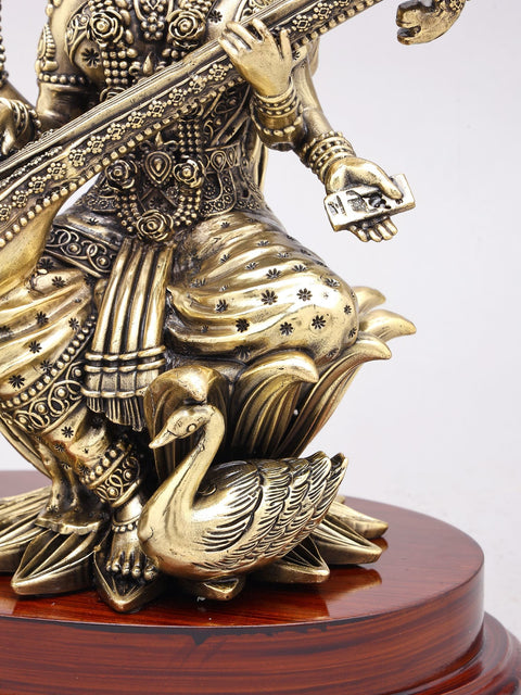 12" Superfine Goddess Saraswati Statue in Brass on Wood Base