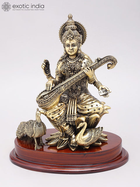12" Superfine Goddess Saraswati Statue in Brass on Wood Base