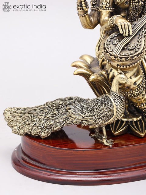 12" Superfine Goddess Saraswati Statue in Brass on Wood Base