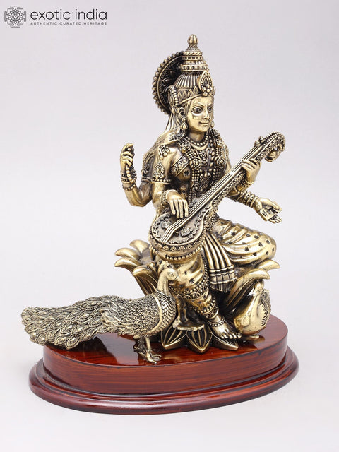 12" Superfine Goddess Saraswati Statue in Brass on Wood Base