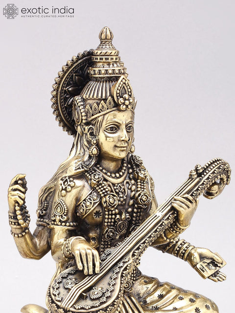 12" Superfine Goddess Saraswati Statue in Brass on Wood Base