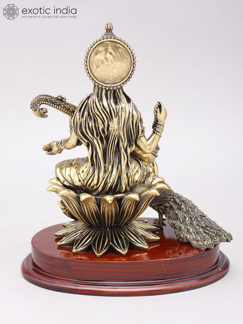 12" Superfine Goddess Saraswati Statue in Brass on Wood Base
