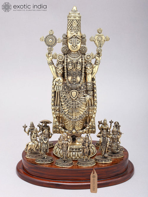 13" Brass Tirupati Balaji Statue with Dashavatara on Wood Base