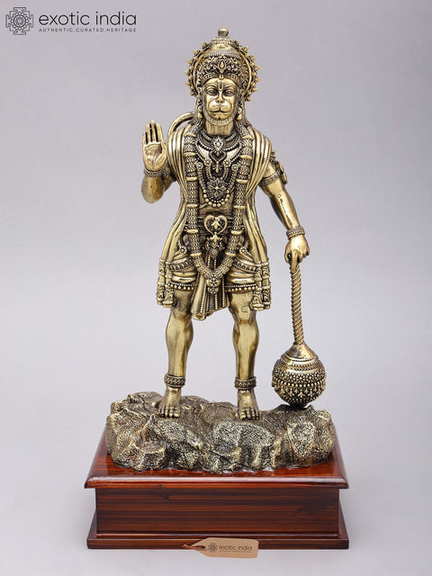 Superfine Standing Lord Hanuman in Blessing Gesture | Brass Statue on Wood Base