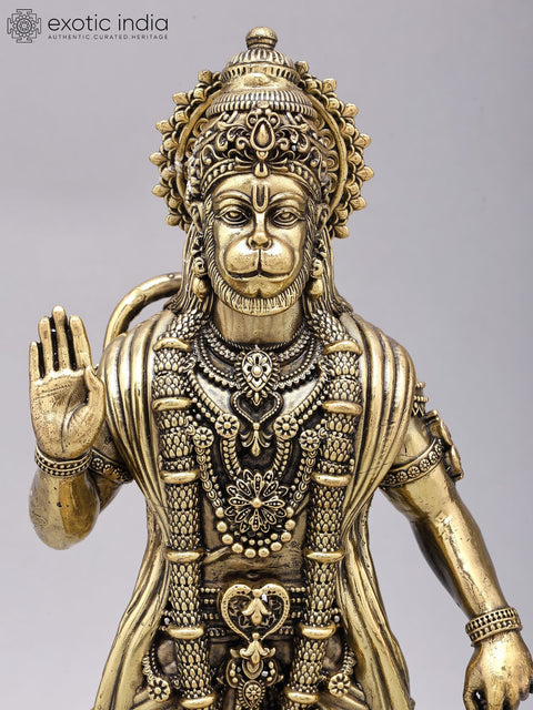 Superfine Standing Lord Hanuman in Blessing Gesture | Brass Statue on Wood Base